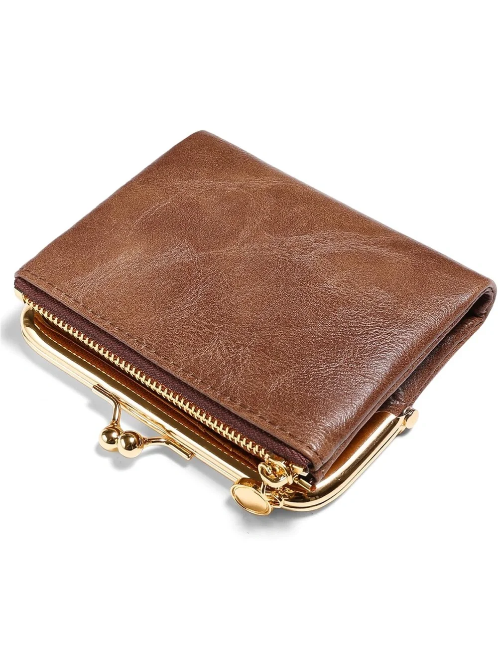 Classic Brown Leather Women's Wallet with Gold Frame
